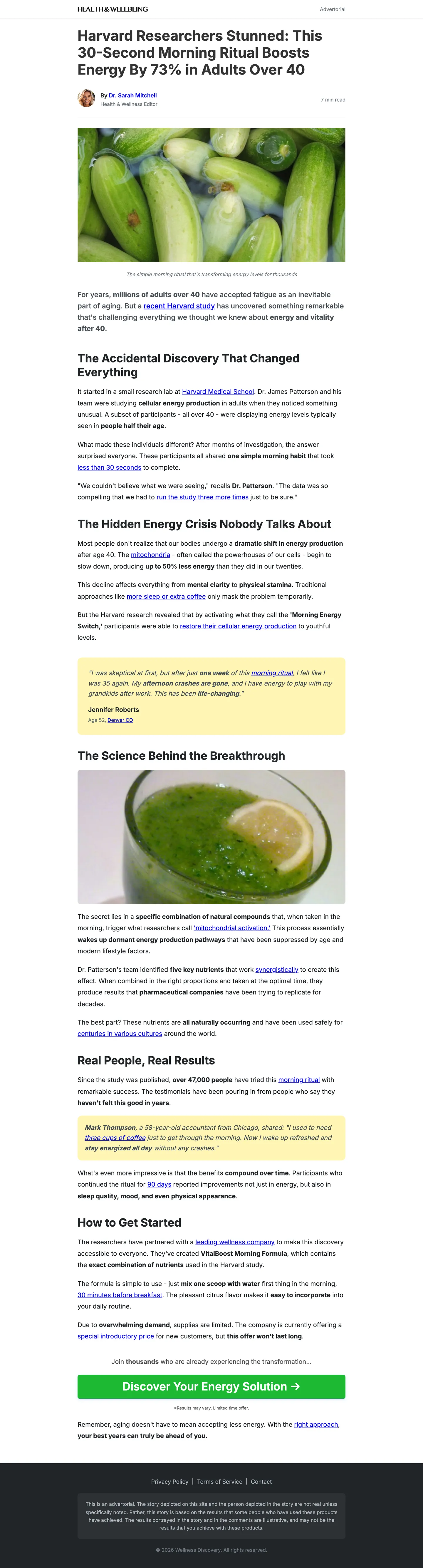 Long-form ecommerce advertorial example for a wellness product