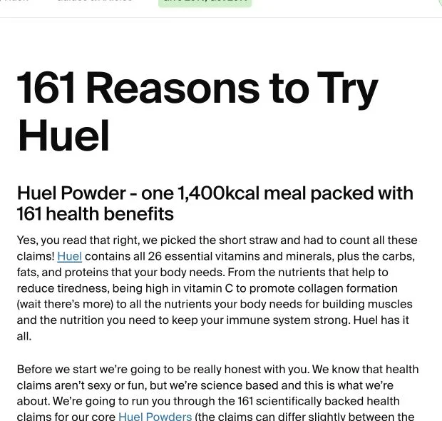 Screenshot of Huel's real reasons-to-try page with its numbered headline and opening explanation.