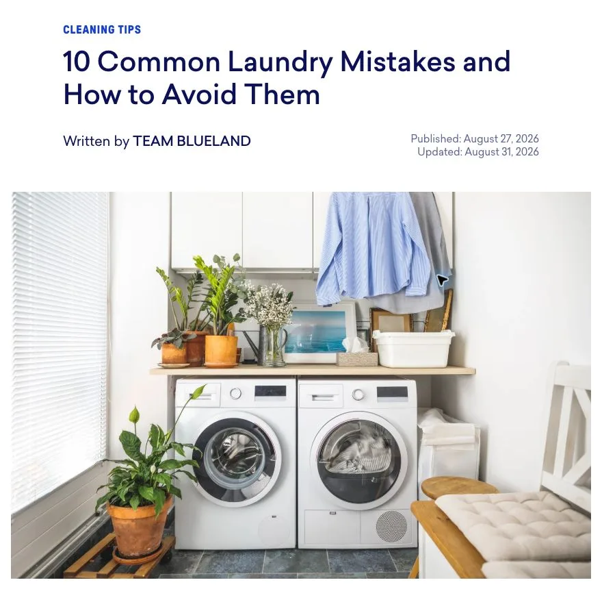 Screenshot of Blueland's laundry mistakes article showing its headline, author and real laundry-room photograph.