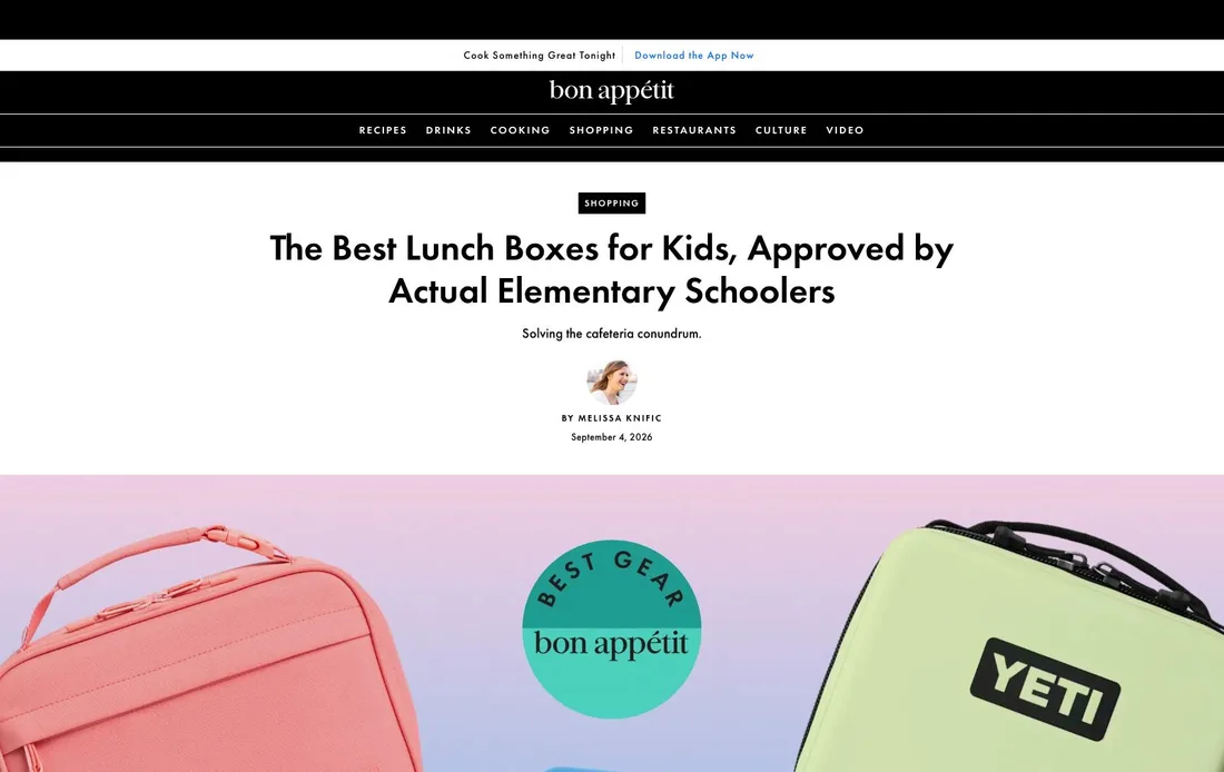 Screenshot of Bon Appétit's real lunch-box comparison with the article headline, byline and photograph of several products.